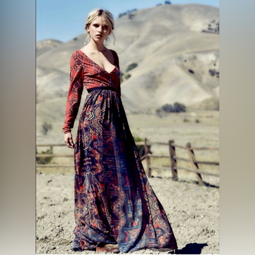 NWOT Free People Special Edition Red Black Blue Embellished Beaded Maxi Dress